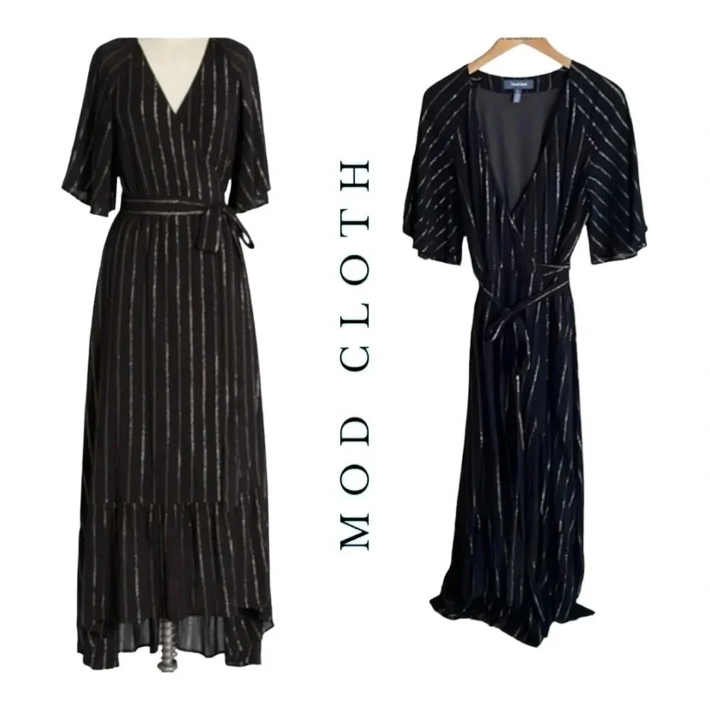 0408.‎ MODCLOTH WRAP DRESS MAXI LENGTH BLACK WITH GOLD/SILVER IN COLOR STRIPES